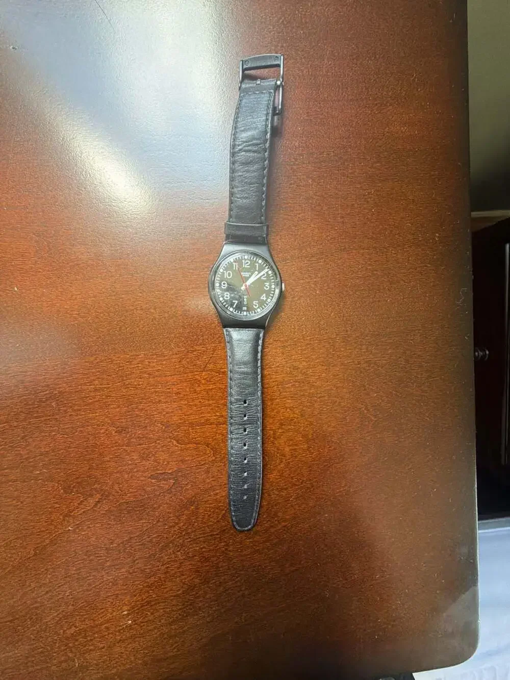 Swatch Red Sunday Unisex Watch GB750 Black Leather Strap